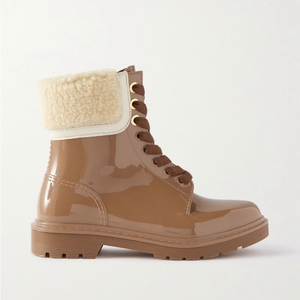 Chloe Florrie Shearling-Trimmed Glossed-Rubber Rain Boots